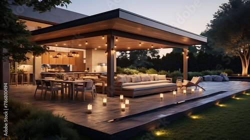 Luxury home exterior at sunset: Outdoor covered patio with kitchen barbecue dining table and seating area overlooking grass field and trees  © Wajid