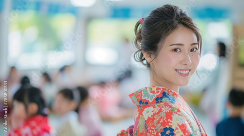 Japanese female teacher smiling at the camera, wearing a traditional kimono with floral patterns, standing inside a vibrant classroom filled with kids sitting on colorful chairs.