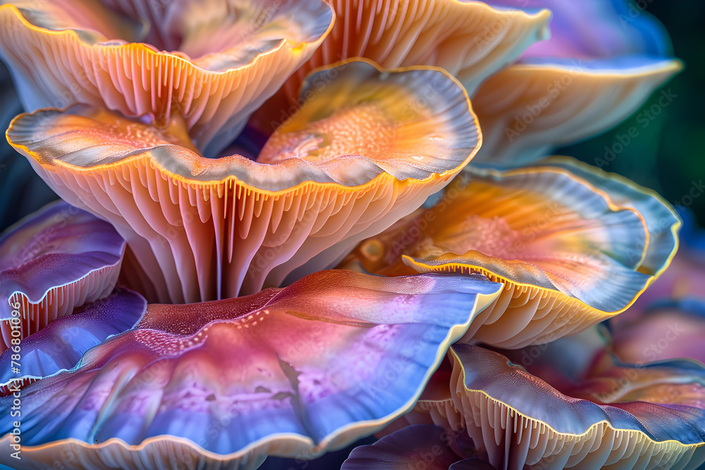Closeup of colorful mushroom lamellae, magic mushroom, macro view, strong psychedelic colors. Decorative, psychic background and design pattern, wallpaper, poster. Closeup of colorful mushroom lamellae, magic mushroom, macro view, strong psychedelic colors. Decorative, psychic background and design pattern, wallpaper, poster.