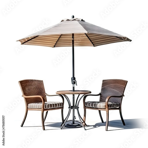 Elegant Outdoor Furniture Set with Chairs and a Table Under an Open Umbrella