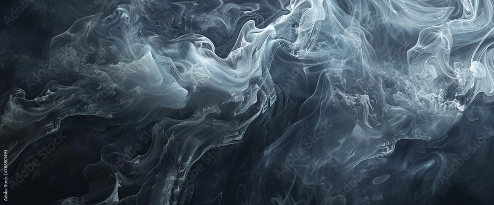 Obraz premium Immerse yourself in the mysterious allure of abstract art with this AI-generated image. A close-up view reveals wisps of ethereal smoke swirling and dancing against a dark background.