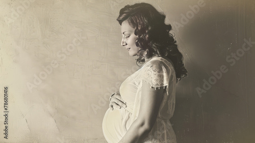 a pregnant woman from the side almost touching her belly. the picture is supposed to look like a 1990s vintage photograph,generative ai