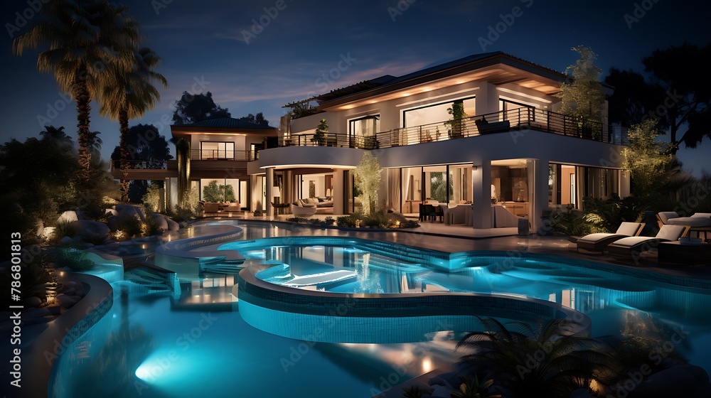 Luxury House With Swimming Pool At Night 