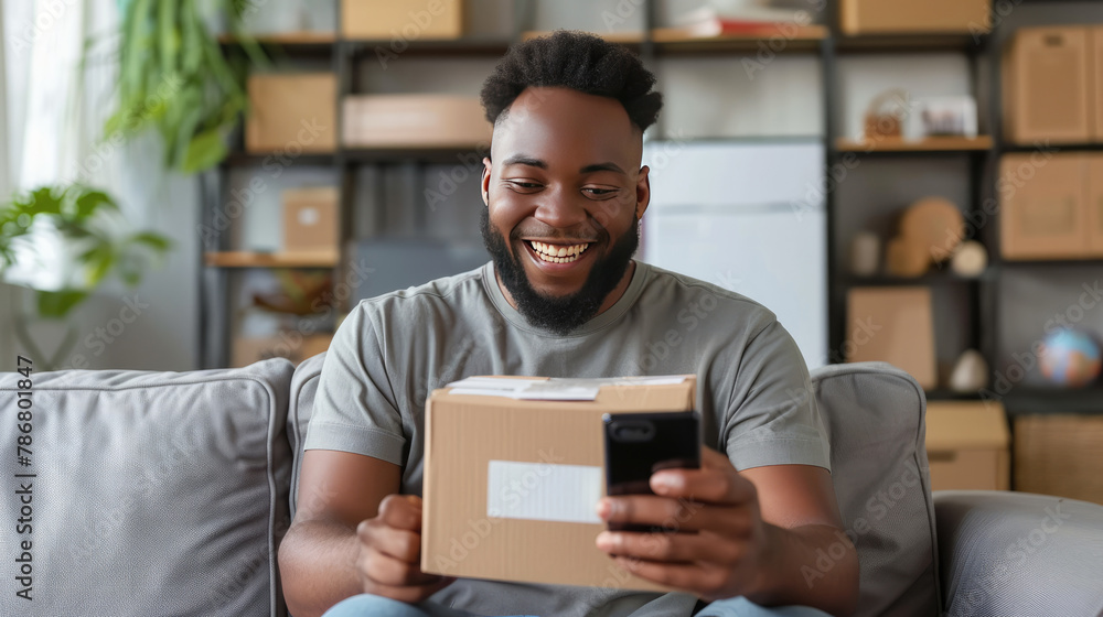 Smiling young African American man sitting on living room sofa, using smartphone, celebrating receipt of shipment with fast delivery service Smiling young African American man sitting on living room sofa, using smartphone, celebrating receipt of shipment with fast delivery service