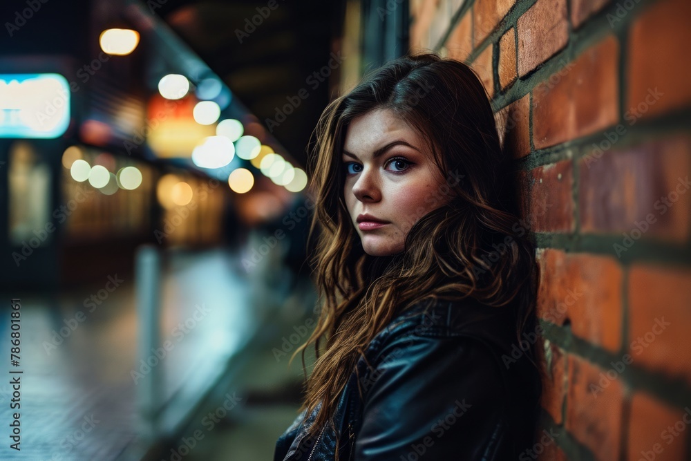 Portrait of a beautiful girl in a black leather jacket on the street at night. Portrait of a beautiful girl in a black leather jacket on the street at night.