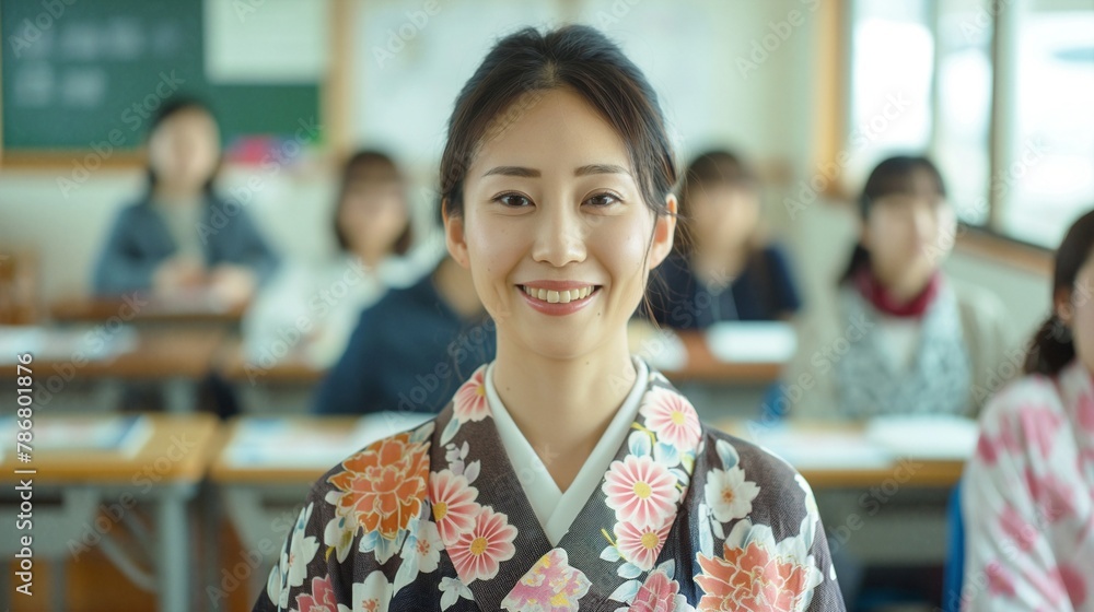 Japanese female teacher smiling at the camera, wearing a traditional kimono with floral patterns, standing inside a vibrant classroom filled with kids sitting on colorful chairs. Japanese female teacher smiling at the camera, wearing a traditional kimono with floral patterns, standing inside a vibrant classroom filled with kids sitting on colorful chairs.