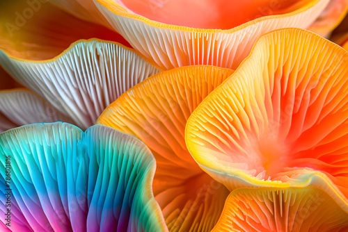 Closeup of colorful mushroom lamellae, magic mushroom, macro view, strong psychedelic colors. Decorative, psychic background and design pattern, wallpaper, poster.