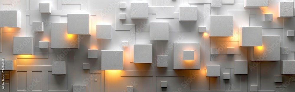 Bright Geometric Texture Wall with Squares and Cubes - Abstract 3D Background with Glowing Lights for Banners and Wallpaper Bright Geometric Texture Wall with Squares and Cubes - Abstract 3D Background with Glowing Lights for Banners and Wallpaper