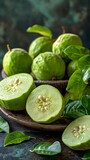 Beautiful presentation of Whole guavas, hyperrealistic food photography