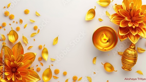  illustration of Akshaya Tritiya celebration with a golden kalash, gold coins on decorated background.Vector photo