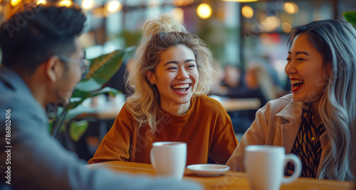 Vibrant Conversation Among Asian Friends with Coffee at Cozy Café