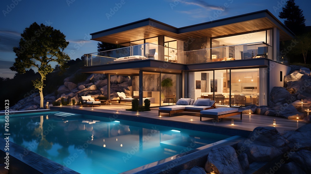 Luxury House With Swimming Pool At Night 