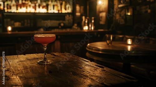 Wooden table in a dark speakeasy photo