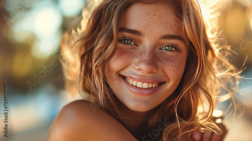 a 30 years old beautiful girl hugging herself and smiling on a bright background,generative ai