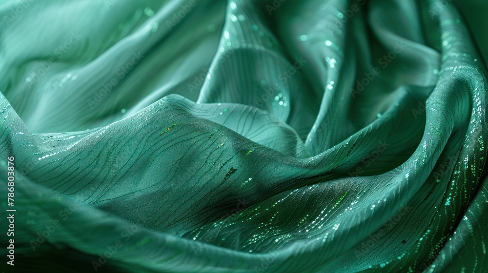 Emerald green silk with a subtle abstract design of wavy lines and dots in a darker shade creating a sense of depth and mystery Emerald green silk with a subtle abstract design of wavy lines and dots in a darker shade creating a sense of depth and mystery