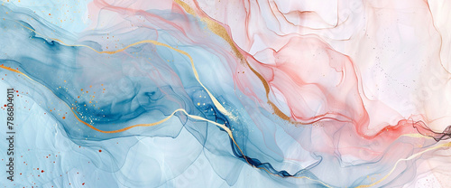 Abstract watercolor artwork with soft blues, pinks, and gold accents for a delicate and flowing background design.