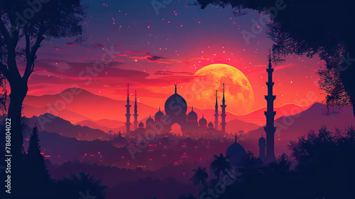 illustration of the sunset around a Muslim place of worship AI Generative