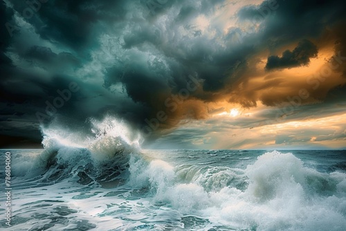 A dramatic seascape with crashing waves and a stormy sky  capturing the raw power and beauty of nature