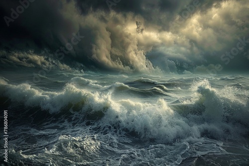 A dramatic seascape with crashing waves and a stormy sky, capturing the raw power and beauty of nature
