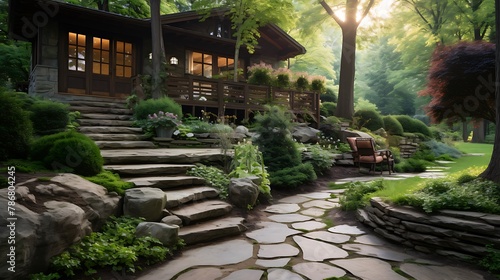 Luxury landscaped backyard garden with shed retaining wall and huge natural stone steps  photo