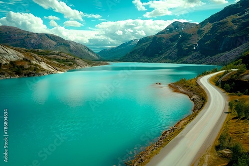 Turquoise lake nestled between mountains with winding road. Peaceful nature scene. Landscape photography. Vibrant colors. Generative AI