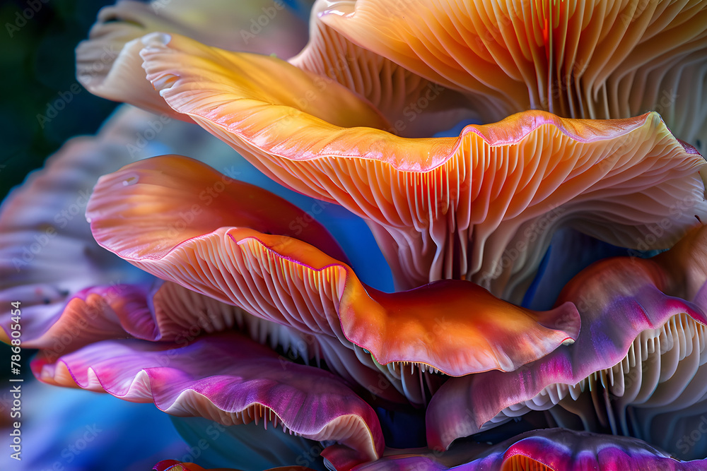 Closeup of colorful mushroom lamellae, magic mushroom, macro view, strong psychedelic colors. Decorative, psychic background and design pattern, wallpaper, poster. Closeup of colorful mushroom lamellae, magic mushroom, macro view, strong psychedelic colors. Decorative, psychic background and design pattern, wallpaper, poster.