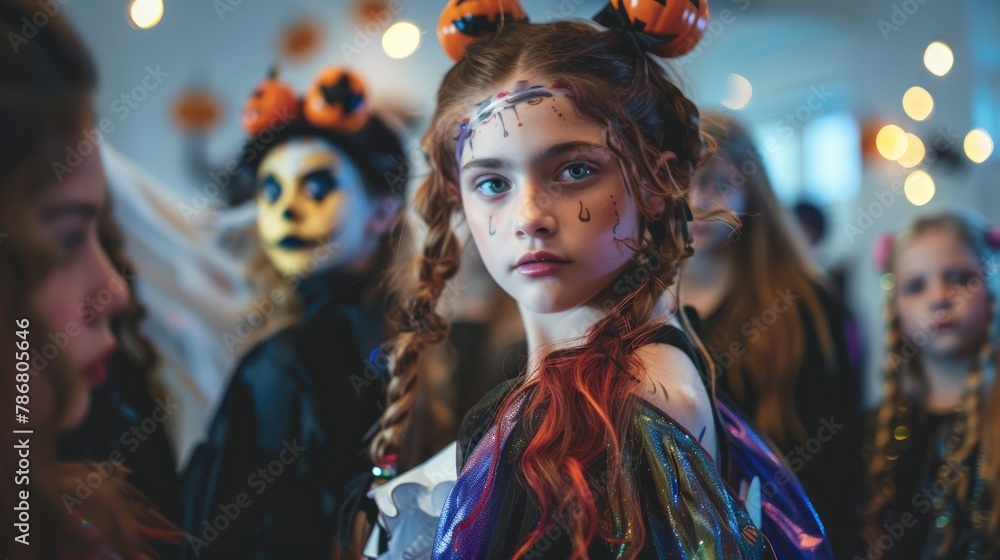 Girls in Halloween costumes gathered in a studio Girls in Halloween costumes gathered in a studio