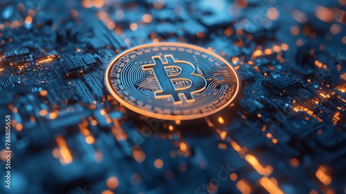 Detailed view of a Bitcoin cryptocurrency coin resting on a blue circuit board highlighting the digital currency concept