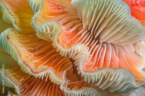 Closeup of colorful mushroom lamellae, magic mushroom, macro view, strong psychedelic colors. Decorative, psychic background and design pattern, wallpaper, poster. © martesign