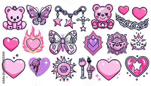Y2K グラマー ピンクのステッカー。蝶、かわいいクマ、火、炎、チェーン、ハート、タトゥー、その他のトレンディなエモ ゴス 2000 年代スタイルの要素。ベクターの手描きのアイコン。 90年代、00年代の美学。ピンク、黒の色。
