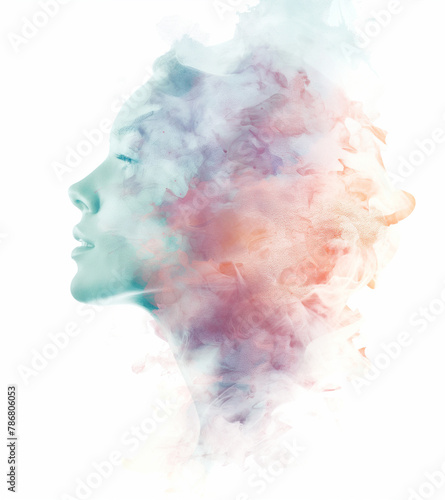 Blending double exposure a beautiful woman face profile with watercolor. 