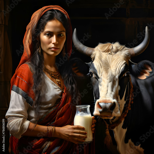 Title: bater milk with woman and cow baground black white littal cow beauty garl eyes black black hair natural face baeuty brown drees

 photo