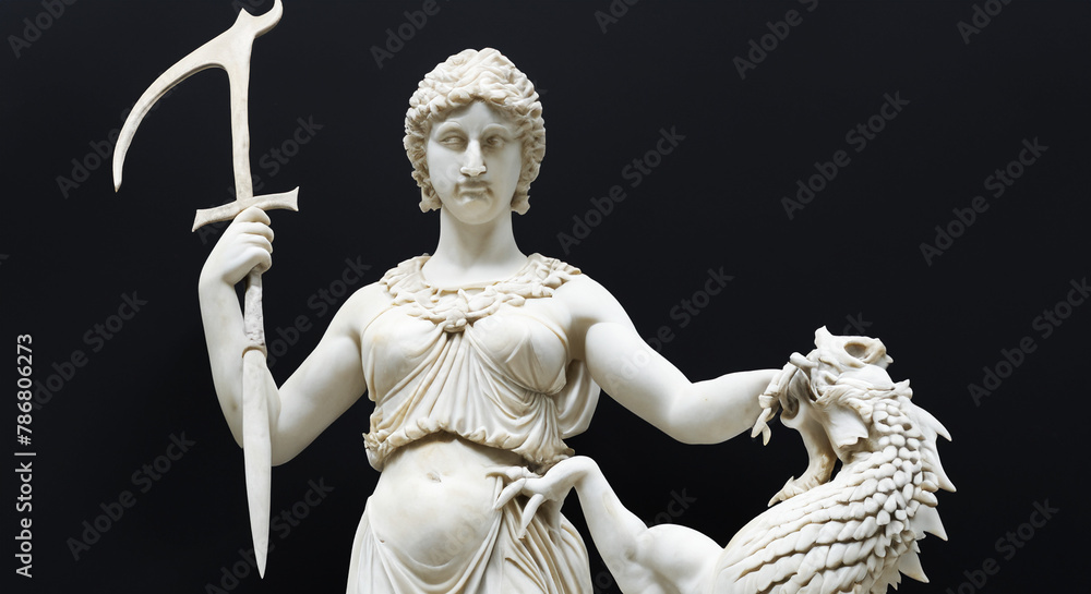 Obraz premium Greek Goddess Fighting Dragon Beast Ivory Marble Statue Gold Isolated