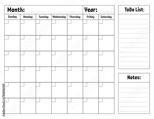 Blank calendar template for one month without dates. Colorful design with a cute character. Vector illustration.