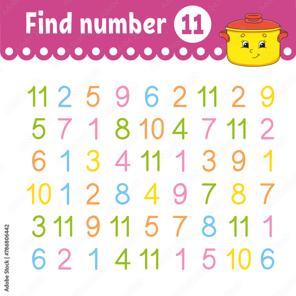 Find number. Education developing worksheet. Activity page with pictures. Game for children. Funny character. cartoon style. Vector illustration.