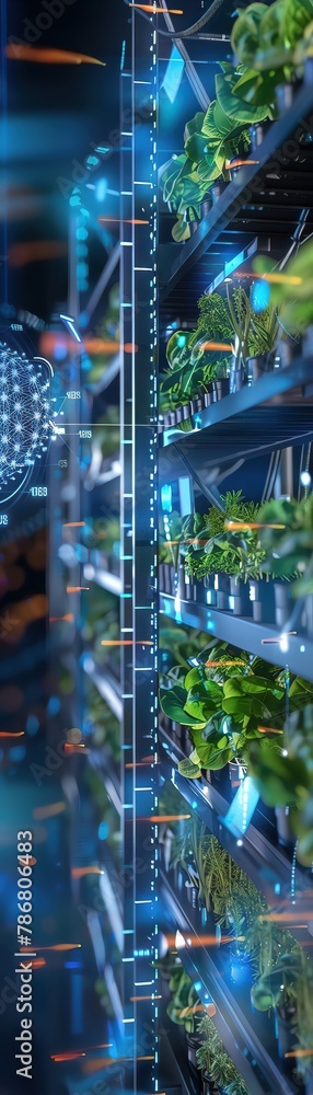 Vertical farming in urban environments uses hydroponic systems to grow vegetables without soil, maximizing space and resources, each plant nurtured closeup