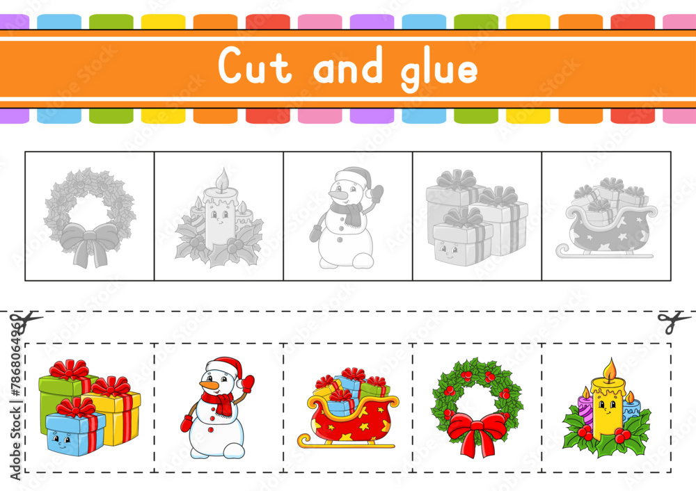 Cut and play. Paper game with glue. Flash cards. Education worksheet. Activity page. Scissors practice. Vector illustration.