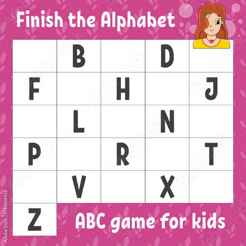 Finish the alphabet. ABC game for kids. Education developing worksheet. Learning game for kids. Color activity page. Vector illustration.