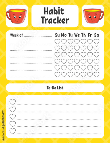 Habit tracker for kids. Sheet template for printing. With cute character. Vector illustration.