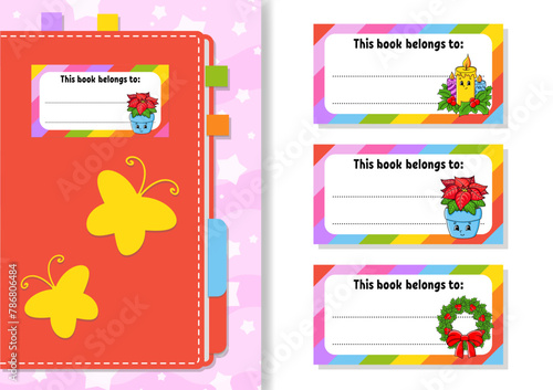 Book label stickers for kids. The rectangular shape. Cartoon character. For the diary, notebook, book. Isolated on white background. Vector illustration.