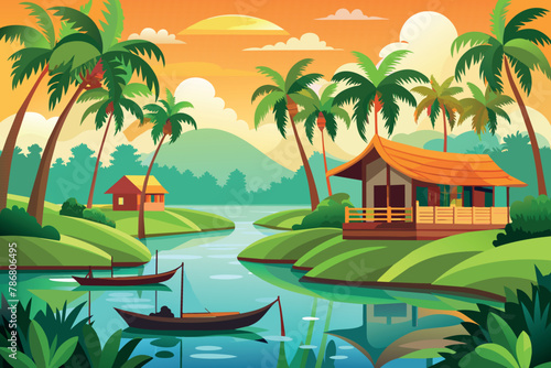 Kerala Backwater Landscape cartoon vector Illustration flat style artwork concept © Shapla