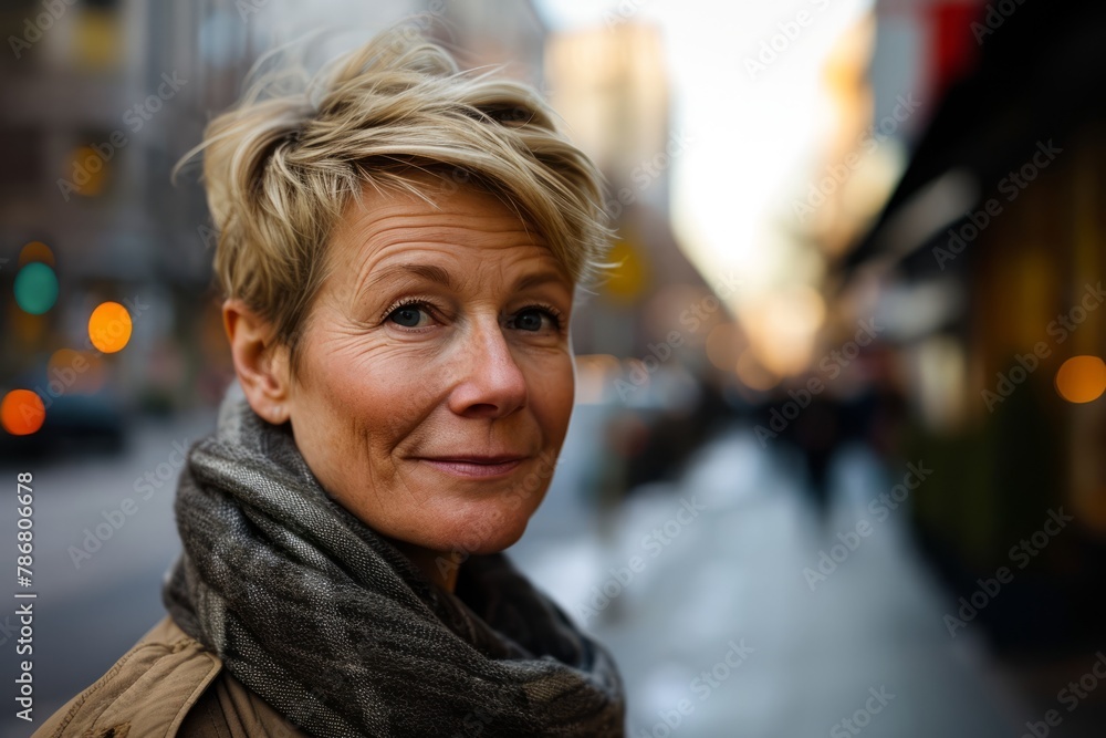 Portrait of senior woman with blond hair on the street in evening Portrait of senior woman with blond hair on the street in evening