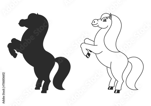 Coloring book for kids. Horse reared up. The farm animal stands on its hind legs. Cartoon style. Simple flat vector illustration.