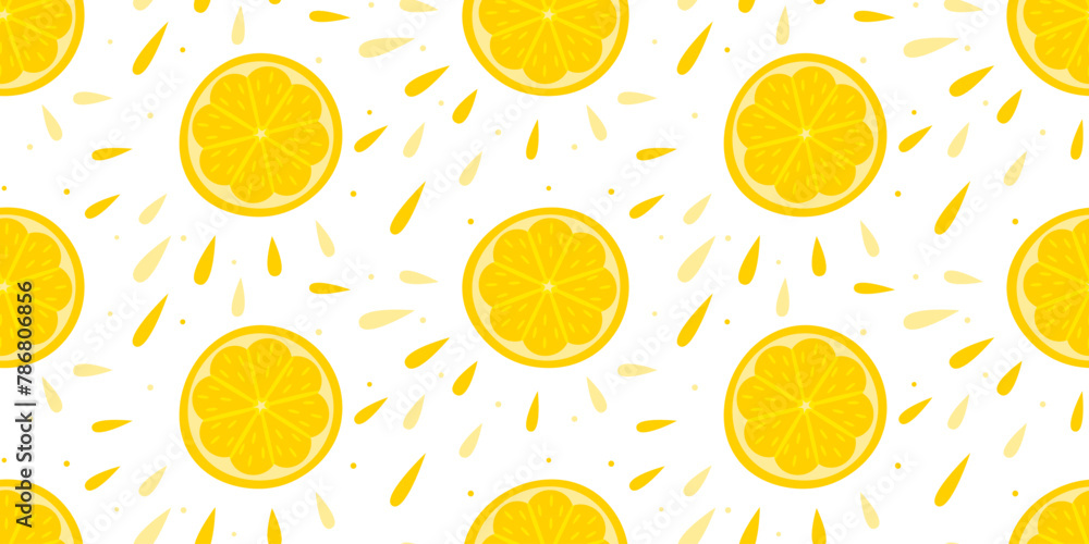 Pattern of half ripe lemons with drops. Juicy citrus fruit seamless pattern on white background
