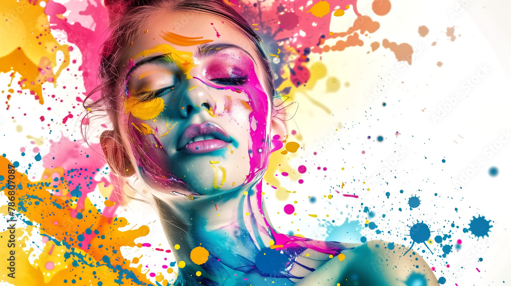 Splash color art with woman on white background