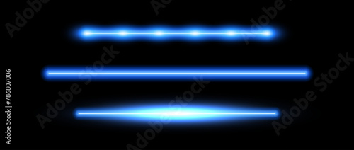 Blue neon tube lamp set. Glowing led light line beam collection. Bright luminous fluorescent bar stick lines. Shining cold color strip element pack to divide, separate, decorate. Vector illustration photo