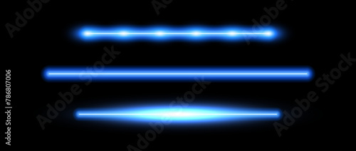 Blue neon tube lamp set. Glowing led light line beam collection. Bright luminous fluorescent bar stick lines. Shining cold color strip element pack to divide, separate, decorate. Vector illustration