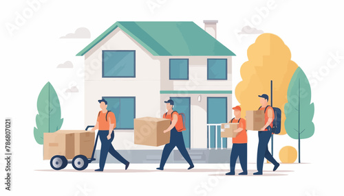 Moving Company and Relocation Service: Movers Carrying Boxes into House Vector Illustration