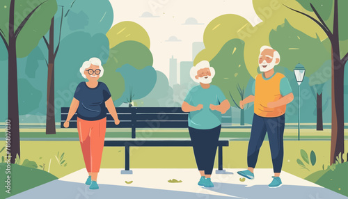 Seniors Doing Exercises: A Minimalist Doodle in Modern Flat Style Vector Illustration