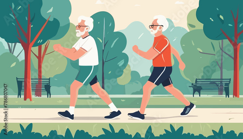 Morning Training of Pensioners in the Park: A Vector Illustration in Modern Flat Style